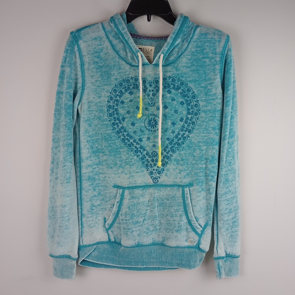 Billabong Womens S Teal Heart Graphic Acid Wash Surf Beach Pullover Hoodie